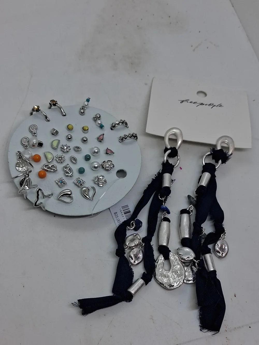 Free People navy ribbon drop earrings with silver-tone accents & Assorted Studs